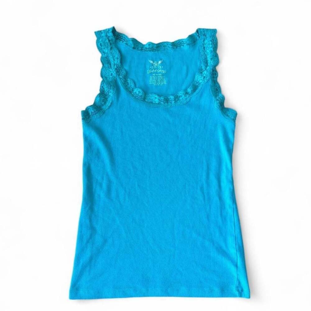 Y2K Faded Glory Mermaid Blue Scoop Neck Fitted Lace Tank Top Size M